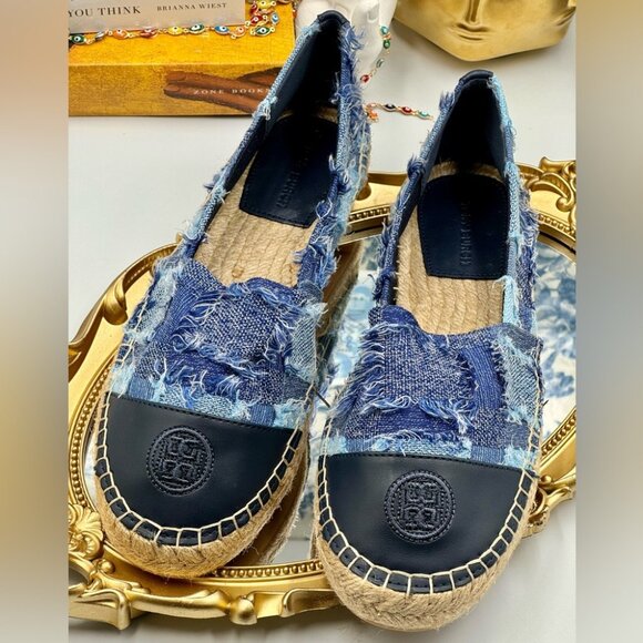 🆕 TORY BURCH 🧿 NWOB Colourblock Frayed Denim Espadrilles, Sz US 10 - Picture 7 of 16